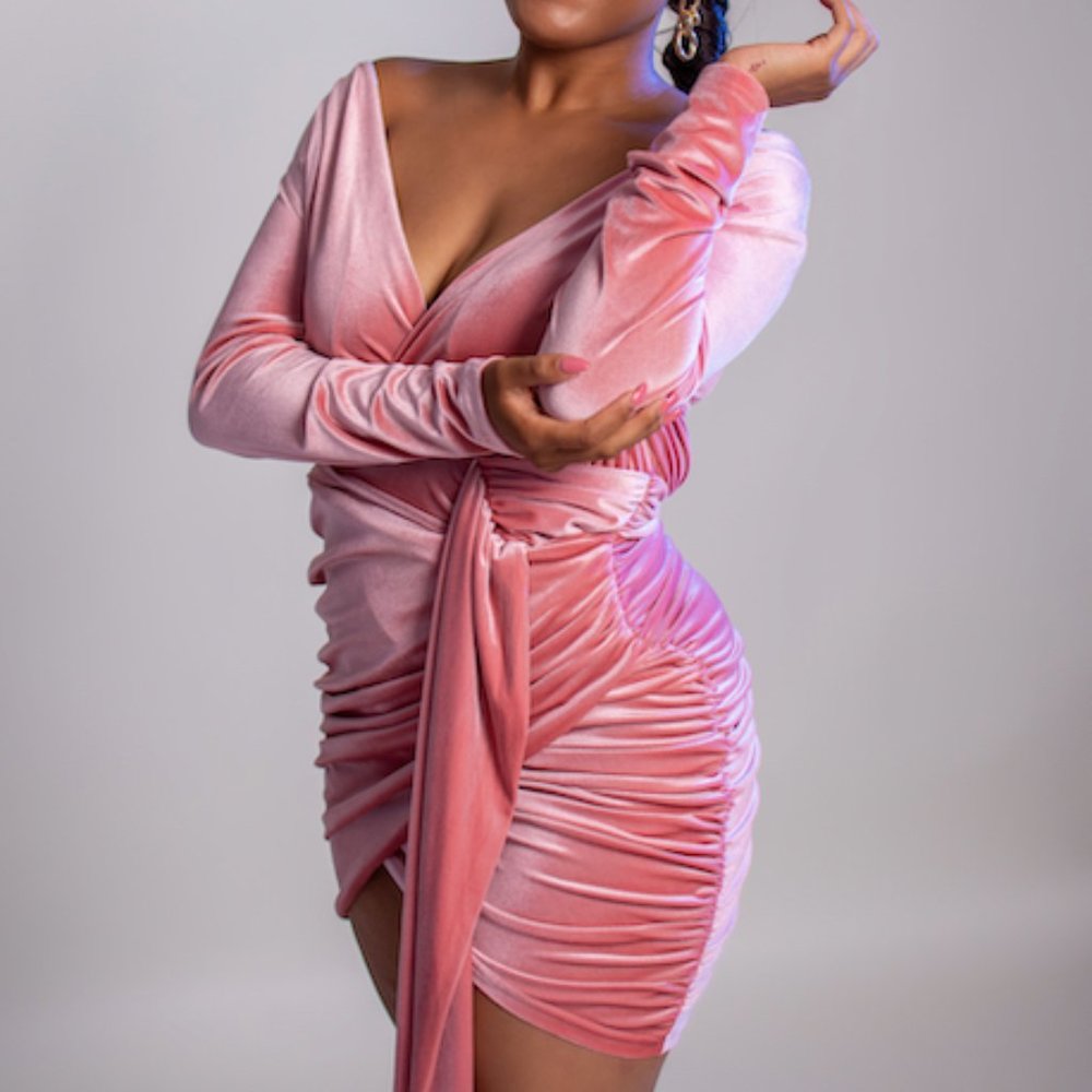 SHEIN Pink Velvet V-Neck Ruched Large Midi Dress